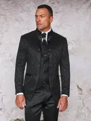 NWT 38R BLACK BANNED COLLAR MENS SUIT, SLIM FIT, 2 SIDE VENT, FLAT FRONT PANTS,