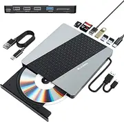 SUIDEK External CD DVD Drive, USB 3.0 USB C Portable CD DVD +/-RW Burner DVD Player for Laptop with SD/Micro SD Card Reader 8 in 1 Hub Compatible with Laptop Mac PC Windows Linux