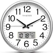 TIMESS Wall Clock, 13" Dial Non-Ticking Silent Battery Operated Analog with LCD Display for Perpetual Calendar and F° Temperature, Ideal Modern Home, Bedroom, Kitchen, Office Decor (Sliver)