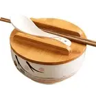 White Ceramic Bowl with Lid, Spoon, Chopsticks for Soup, Rice, Noodles. Japan...