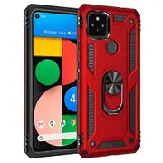 For Google Pixel 4a 5G Case, Military Grade 360 Degree Rotating Metal Magnetic Ring Car Mount Holder Kickstand Shockproof Heavy Duty Cover (Red)