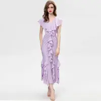 在飛比找Yahoo!奇摩拍賣優惠-♥ 裁縫師公主 ♥V領荷葉邊收腰魚尾洋裝 淺紫色/玫紅色