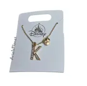 2025 Disney Parks Mickey Mouse Ear Rhinestone Letter K, Gold Tone Necklace