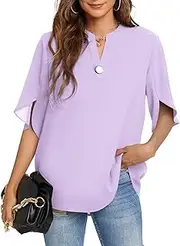 [Funlingo] Women's Summer Tops Short Sleeve/Long Sleeve Casual Shirts V Neck Chiffon Dressy Blouse Tops