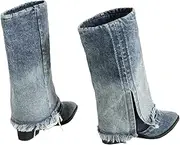 [Hcclijo] Pleated Block Heels Denim Boots For Women Pointed Toe Sexy Cowboy Woman Denim Pointed Toe Chunky Boots
