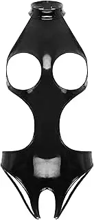 [Yruioon] Women Sexy PU Leather Bodysuit Halter Cup Hollow Out Open Crotch Jumpsuit Lingerie Nightwear