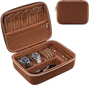 ProCase Hard Travel Watch Case, 3 Slots Watch Accessories Storage Case, Glasses Necklaces Rings Bracelets Zippered Organizer Bag for Women Men -Brown