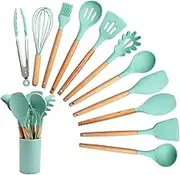 12PCS Green Silicone Kitchen Utensil Set with Wooden Handles - Non-Stick, Heat-Resistant Cookware Tools, Including Spatula, Turner, Tongs, and Spoon Set with Holder