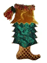 whimsical tree shape Christmas Stocking fringe bells poms boot 24" green unusual