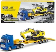 Flat Trailer Truck with Excavator Vehicles Toys,1:50 Scale Diecast Site Trailer Truck, Toy Trucks for Kids