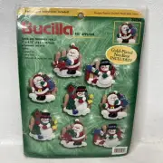 Bucilla Felt Ornament Applique Kit 84264 Santa and Snowmen Fence SEALED Set of 8