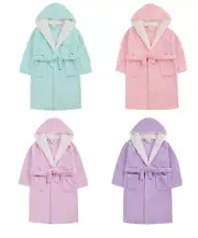 Childrens Girls Warm Winter Plush Plain Pastel Robe with Borg Fleece Trim 2-13yr