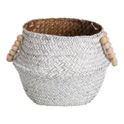 Straw/Wood 28cm Woven Belly Basket w/ Beads Handle Storage Decor White/Natural