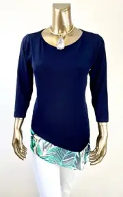 CHICO'S $85 NWT TRAVELER NAVY CHIFFON LAYER ASYMMETRICAL TOP SIZE 0 ( S )