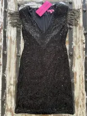 Betsey Johnson Sequin Beaded Fringe Sleeve Dress Black Size S