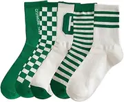 [Xhonp] 5 Pairs Cute Letter Big C Crew Socks Women Checkerboard Socks Blue-green Striped Letter Socks For All Season
