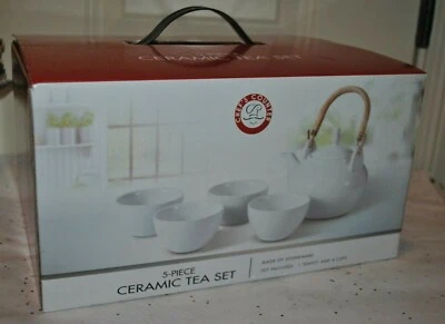NEW CHEF'S COUNTER Stoneware Tea SET TEAPOT Bamboo Handle 4 Cups White BOX