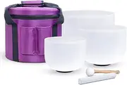 Set of 3 Pcs 8"B+10"F+12"C Chakra Frosted Quartz Crystal Singing Bowls for Yoga Meditation & Sound Bath, with Carrying Case Rubber Mallet Suede Striker and O-rings(432Hz)