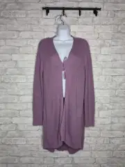 LOGO Lori Goldstein Long Line Cardigan Sweater Ribbed Knit Tie Front Pink Large