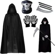 Black Cape,Halloween Hooded Black Cloak Vampires Cape | Unisex Full Length Robes with Gloves Adjustable Dress up Clothes Costumes for Masquerade Birthday Holiday