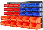 HORUSDY 30-Bin Wall Mounted Storage Rack with Pegboard | 2-Size Bins Tool Organiser for Garage, Workshop, Shed | Parts Holder for Screws, Nuts, Bolts, Nails (Red, Blue, Orange)