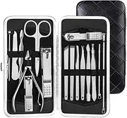 KLVN Manicure Set Nail Clippers Pedicure Kit Stainless Steel Manicure Professional Grooming Kits Nail Care Tools with Travel Case(16pcs-Black)
