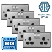 5x BG Nexus Double Socket Brushed Steel Satin Chrome Black Insert NBS22B 2 Gang