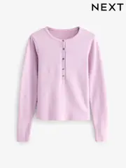 Mauve Purple Pink Cosy Soft Touch Rib Button Neck Henley Jumper Top (E68412) | $53