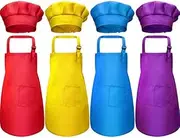 Falygda 4 Children's Apron and Chef Hat Sets, Adjustable, with 2-Pocket Kitchen Apron