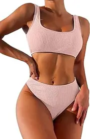 [Lilosy] High Waisted Tummy Control Ribbed Bikini Crop Top Brazilian Swimsuit Set 2 Piece