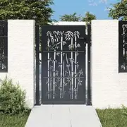 Garden Gate Anthracite 105x155 cm Steel Bamboo Design Fence Outdoor Metal Decorative Pet Safe Yard Security Lockable System Panel