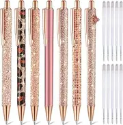 Sherr 7 Pcs Fancy Pens for Women Cute Sparkly Glitter Pens with 10 Pcs Black Ink Refills Pretty Gifts for Girls Office School Christmas Graduation(Rose Gold,Elegant)