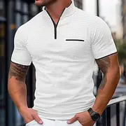 Men's Waffle Polo Shirts Zip Polo Casual Holiday Quarter Zip Short Sleeve Fashion Basic Plain Quarter Zip Summer Spring Regular Fit Black White Navy Blue Orang
