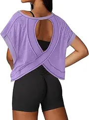 [UNIANKIYA] Open Back Workout Tops for Women Loose Fit Athletic Crop Tee Short Sleeve Gym Running Yoga Shirt