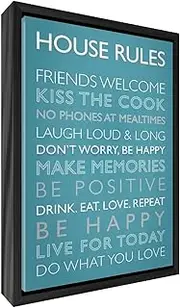 Giclée Printed Canvas with Solid Black Wooden Frame Surround &ltHouse Rules> Teal, 44 x 34 x 3cm (Medium), Wood, 44 x 34 cm