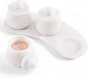 Marble Salt Cellar with Lid 3.5 Inch Natural White Stone Salt Holder with Tray Set of 3, Stylish Countertop Jar for Spices, Sugar, Seasoning, Condiments & Dining Table Use