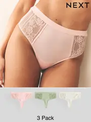 Khaki/Light Pink/Cream High Waisted Thong Modal & Lace Knickers 3 Pack (AV4549) | $38