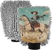 XYMZR Absorbent Microfiber Car Wash Mitt Skeleton Funny Cowboy, Funny Cute Anime Scratch Free for Cars Cleaning, Home Cleaning Mitts, 2 Pack, 10.24” L x 7.09” W