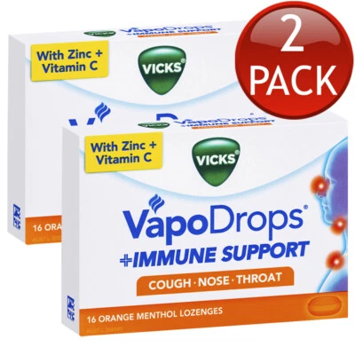 2 x Vicks VapoDrops Immune Support Orange 16 Lozenges Relieves Sore Throat Cough