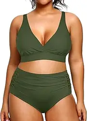 [Yonique] Womens Plus Size Bikini High Waisted Swimsuits Two Piece Bathing Suits Tummy Control Swimwear