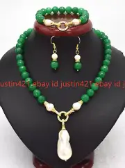 Faceted Green Jade Gems White Baroque Pearl Pendant Necklace Bracelet Earrings