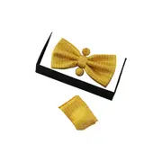 Mens Yellow Checkered Matching Bow Tie, Pocket Square & Cuff Links Set