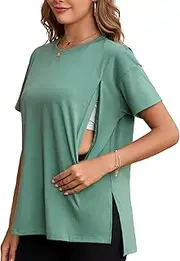 [Ecavus] Women's Oversized Nursing Shirts for Breastfeeding with Hidden Zipper Short Sleeves Side Splits Maternity Tops