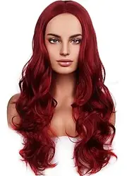 RightOn Red Wig Long Wavy Wig Charming Full Synthetic Wigs for Women Natural Curly Wig Long Wig Wine Red Wigs with Wig Cap