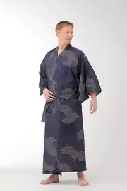 Japanese Yukata Kimono Men Cloud Pattern Cotton Robe Made in Japan