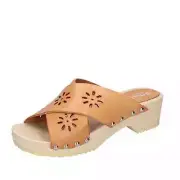 BE332 POLLINI Shoes Women Brown Sandals Leather Round Toe No Sandal Casual Low