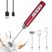 Red Milk Frother Handheld with 3 Heads, Coffee Whisk Foam Mixer with USB Rech...