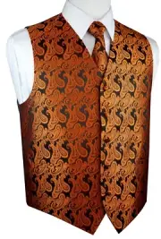 MEN'S BURNT ORANGE PAISLEY TUXEDO VEST, TIE & HANKIE. WEDDING DRESS FORMAL PROM