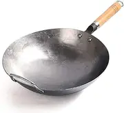 Round Bottom Wok Carbon Steel Wok, Hand Hammered Carbon Steel Pow Wok with Wooden Hanging and Steel Helper Handle, 3 Sizes to Choose From-36cm