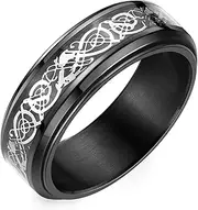 [Adreamz] 8mm Black Stainless Steel Anxiety Ring for Women Men Fidget Spinner Ring Beveled Edge Silver Celtic Dragon Inlay Comfort Fit Wedding Band